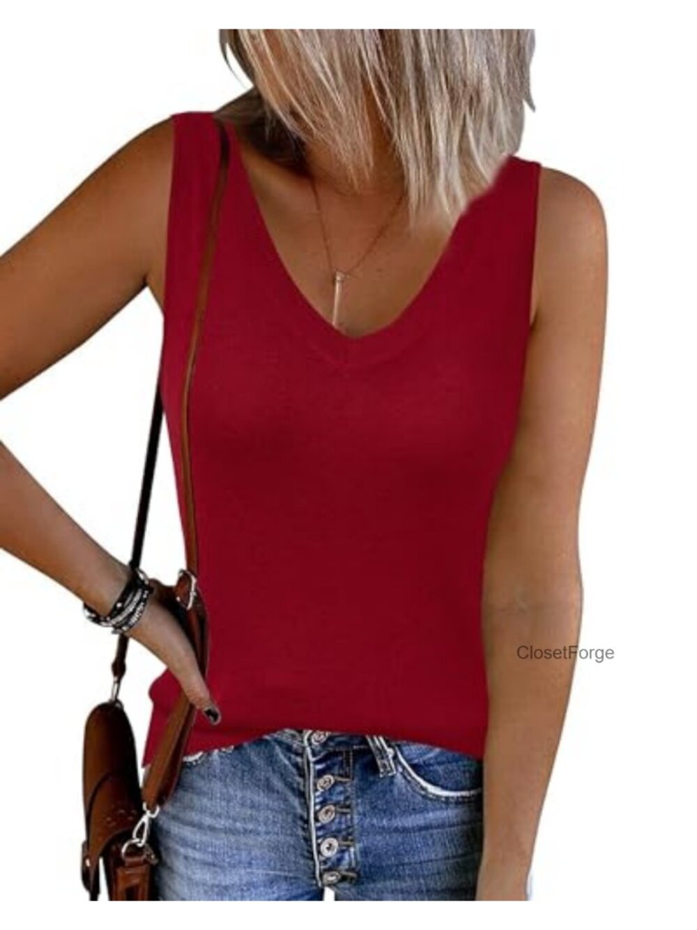 Women's Wool Blend Slim Fit V Neck Sleeveless Tank Top, Stretchy Knit, Machine